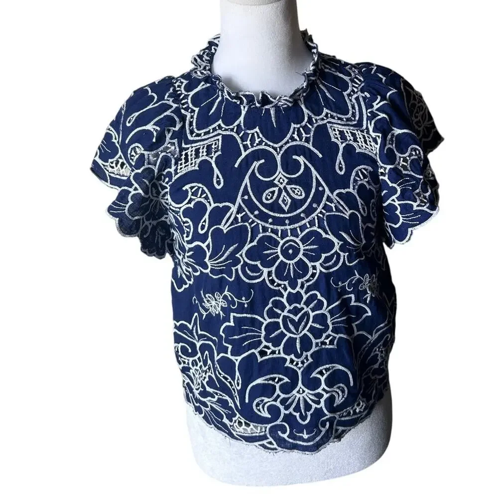 The Lainie High-neck Lace Cutwork Blouse Blue by Anthropologie XXS Linen Blend